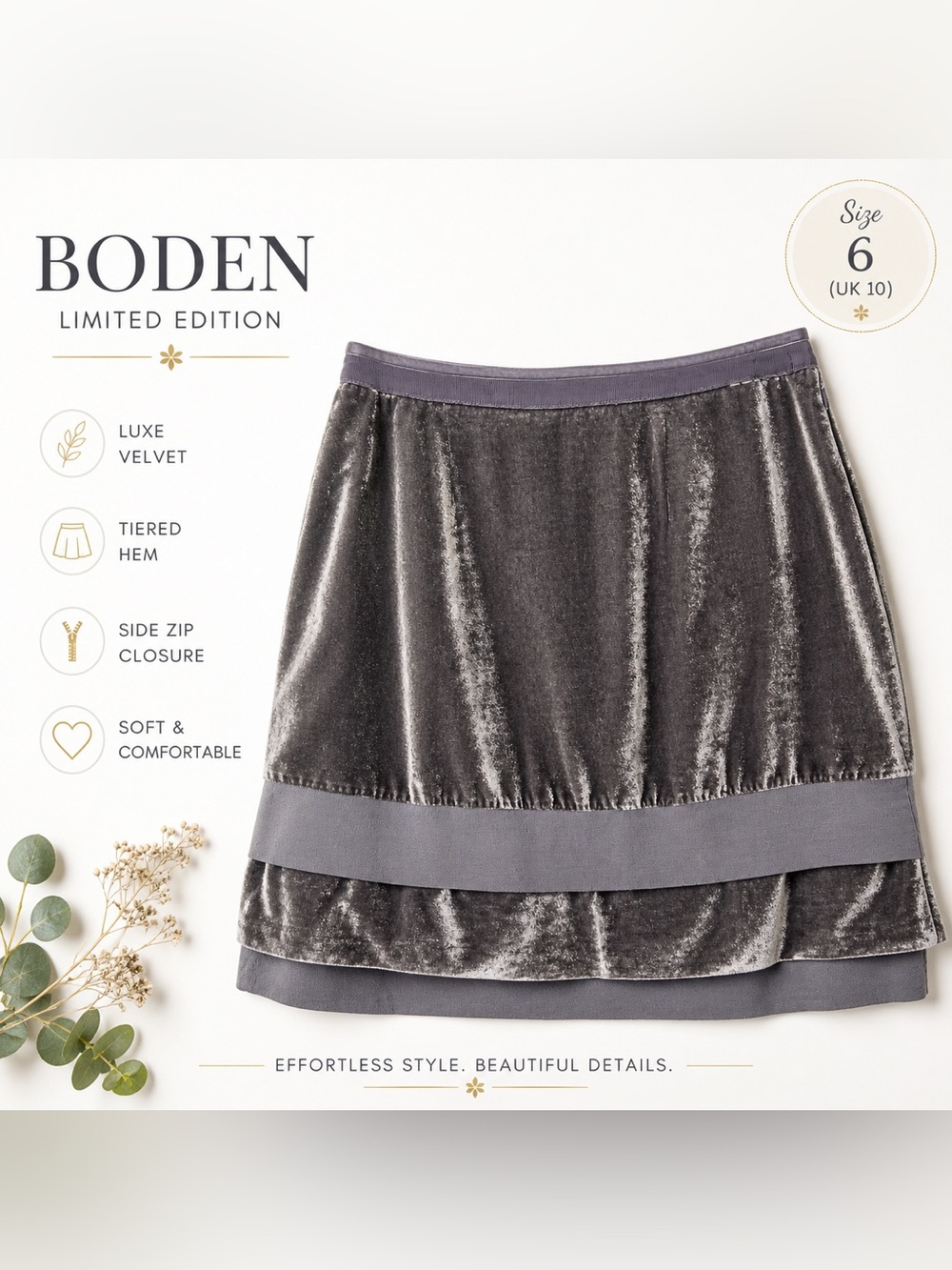 Boden Silk Lined Velvet Tiered A-Line Skirt - Gray